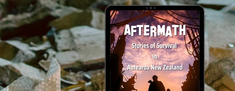 A flashlight shines down on a tablet with the eBook version of "Aftermath: Stories of Survival in Aotearoa New Zealand" amongst the rubble of a collapsed building
